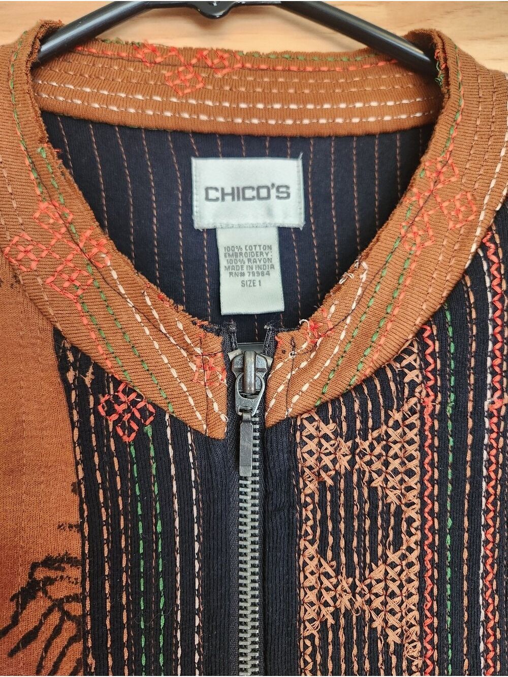VINTAGE CHICO'S 90s ART TO WEAR KANTHA EMBROIDERED COTTON JACKET S/M SIZE 1 - Picture 4 of 11